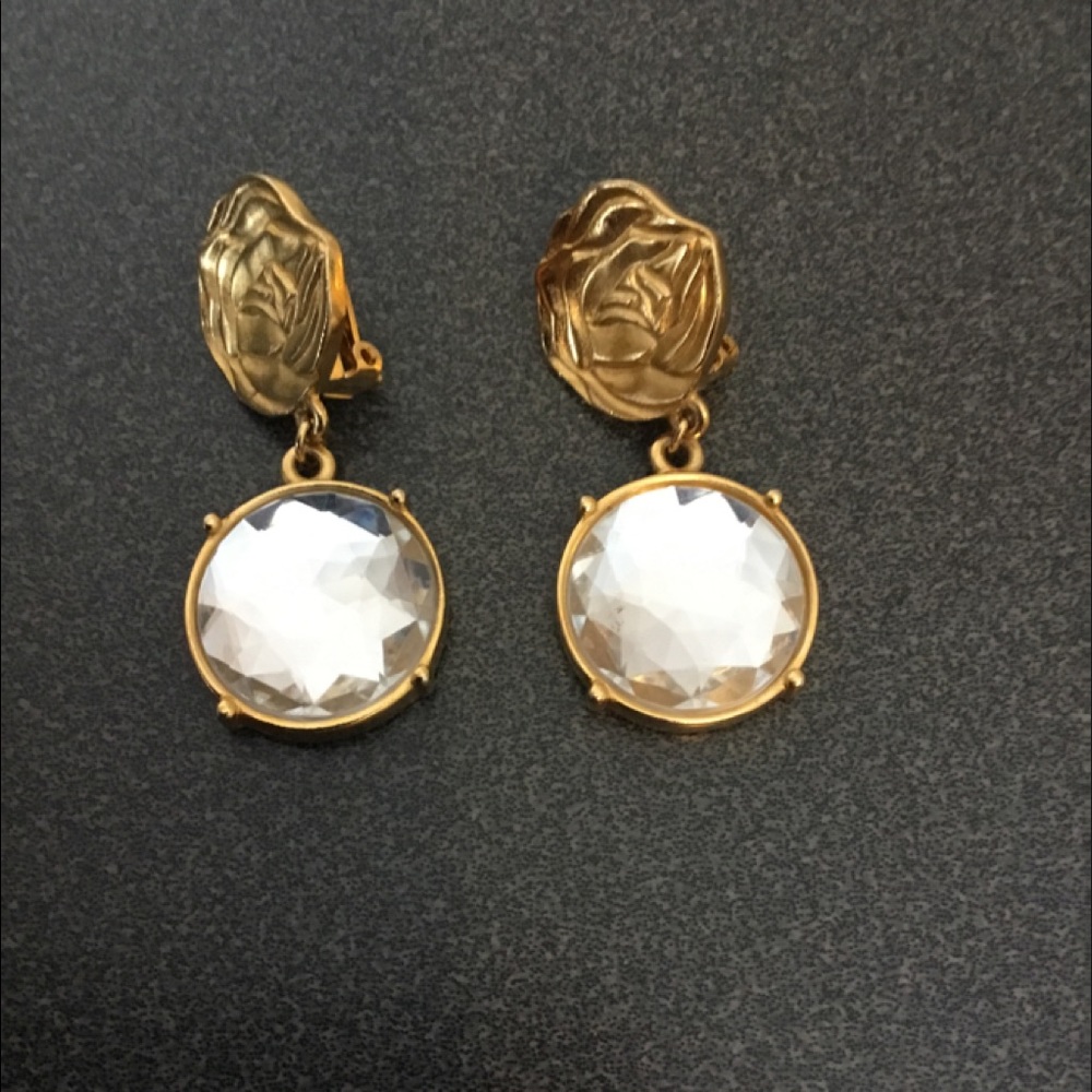 LIZ CLAIBORNE (LCi) Gold Tone & Rhinestone Drop Earrings - Clip Ons